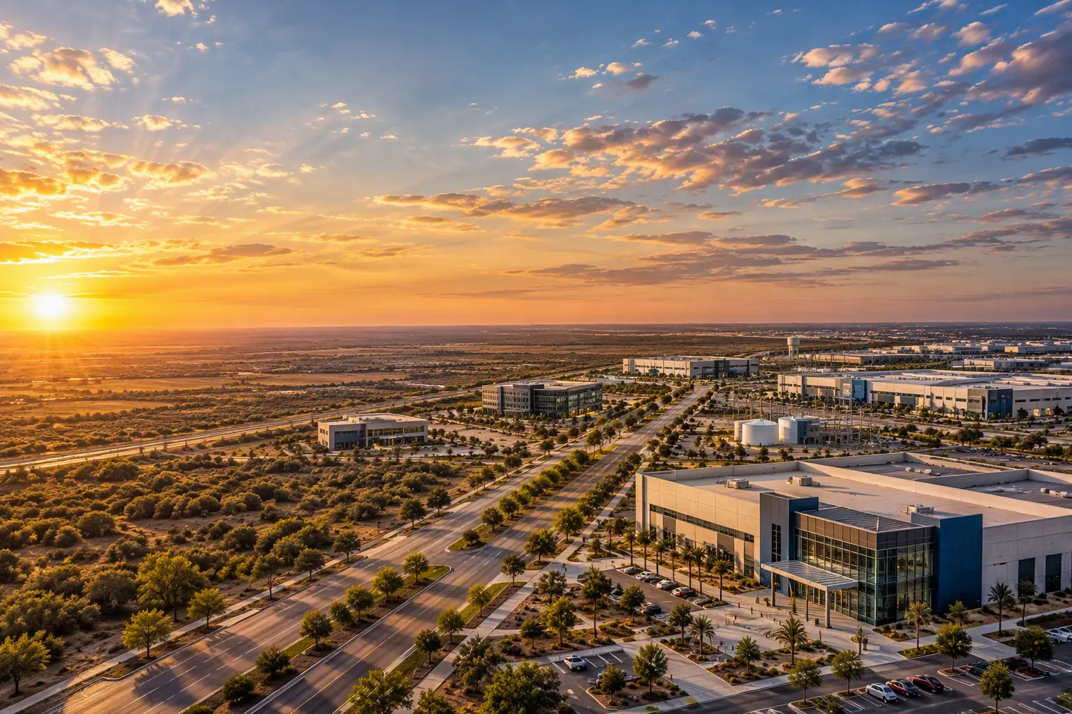 Aerial view at sunset of a concrete and glass technology campus